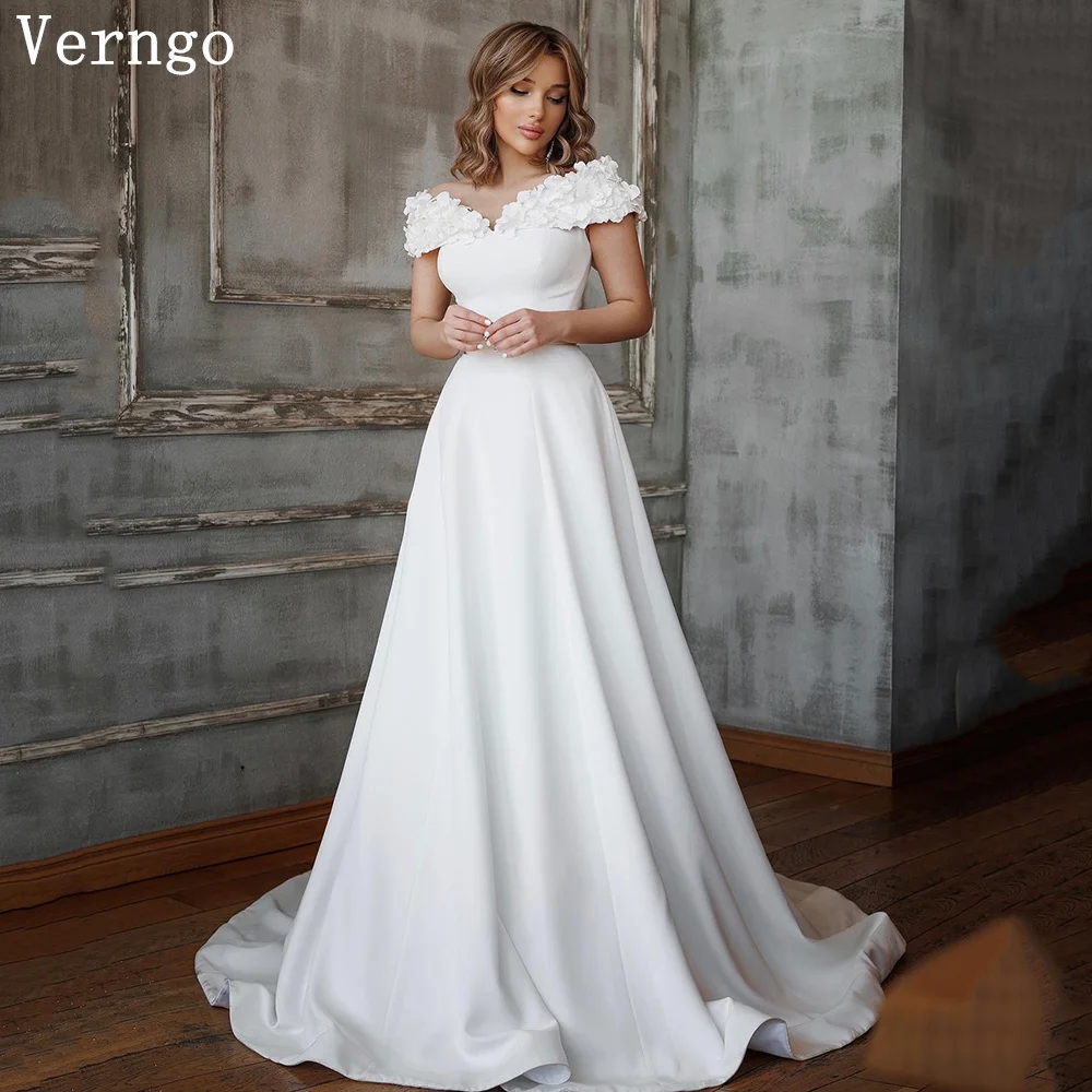 

Verngo lvory Crepe 3D Flower Wedding Dress Off The Shoulder Elegant Bride Dress Sleeveless Classy Bridal Gowns Customized