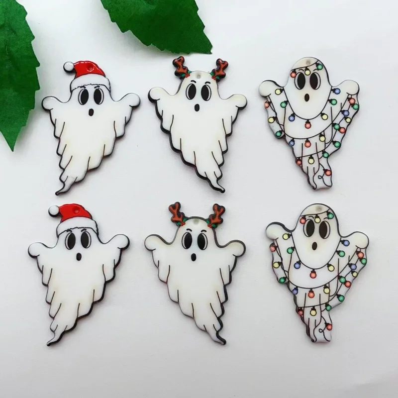 10pcs Christmas Ghost Acrylic Charms Cute Double Sides Dress Up Epoxy Pendant Flat Back Planar For Earring DIY Making Accessorie