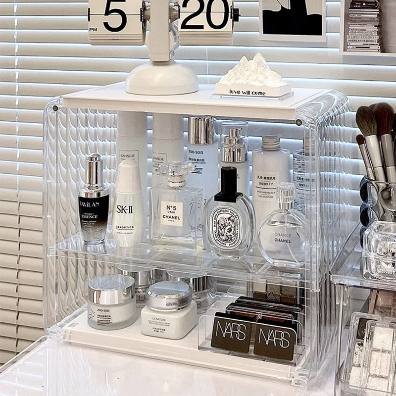 Light Luxury 2 Layers Acrylic Dust Transparent Bedroom Dresser Lipstick Skin Care Shelving Desktop Cosmetic Storage Box