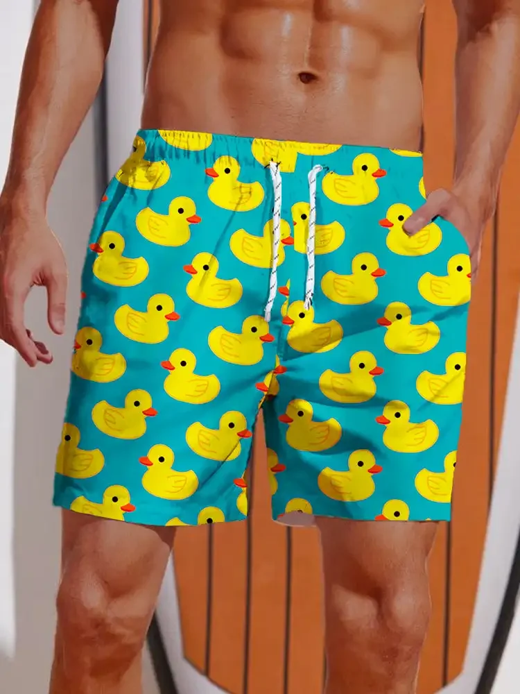 

New Men's Shorts Hawaiian Yellow Duck Mens Printing Short Summer New Swim Trunks Elastic Waist 3D Print Breathable Short Pants