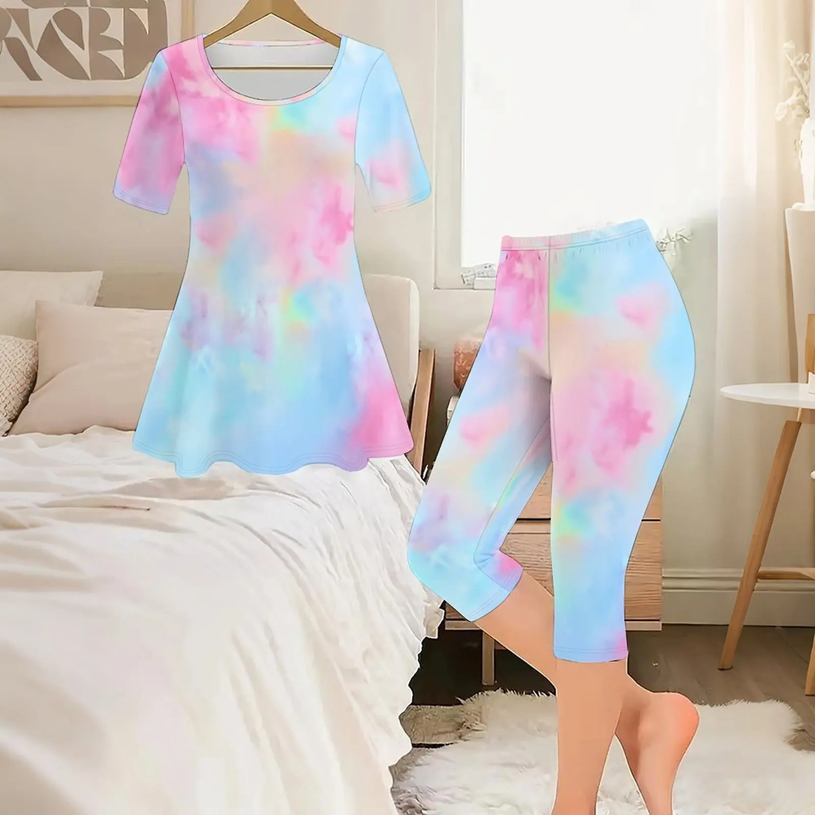 Elegant Short-sleeved Round-neck Printed Tops Sexy Two-piece Set  Elegance Knee-length PantsWomen's Vintage T-shirt