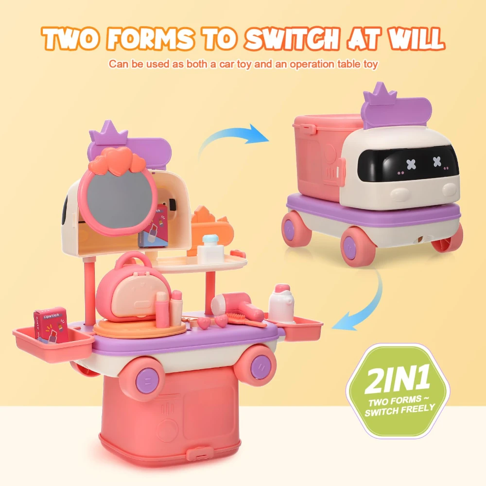 WizKidz Ensemble de Jouets de Voiture Transformable 2 en 1 et Maison de Maquillage de Rangement pour Filles de 1 à 3 Ans avec Accessoires Réalistes.