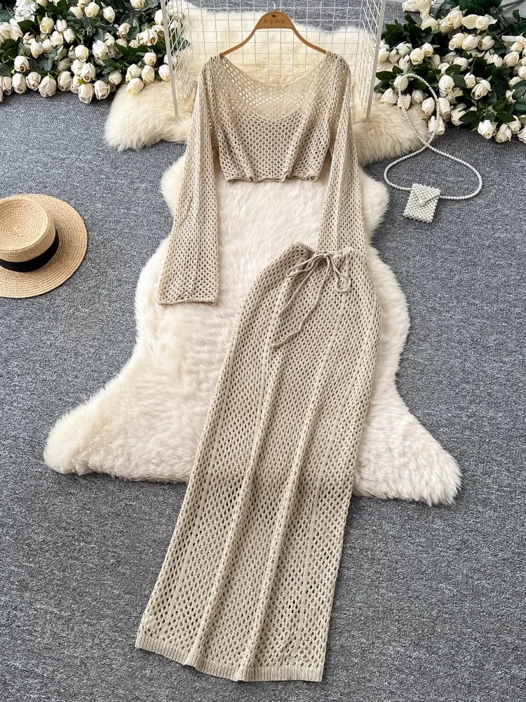 

Casual Loose Hollow Sexy Full Sleeve Short V-neck Full Sleeve Shirt+Lace up Elastic High Waist Maxi Hip Pack Skirt 2-Piece Set