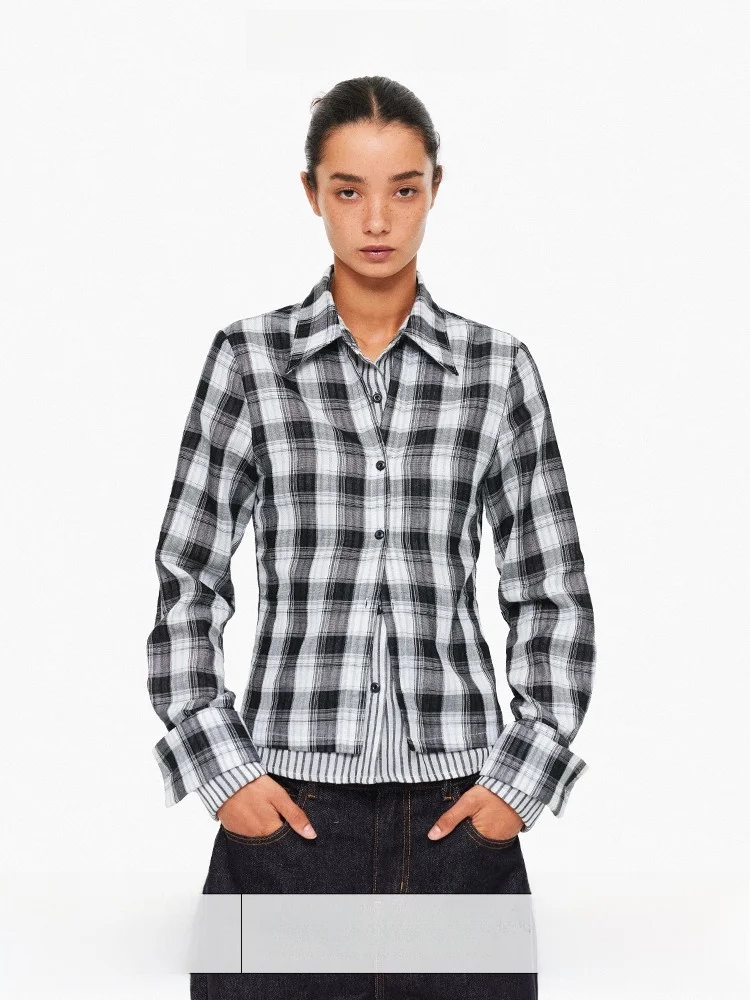 

Age of Ascent Heavy Industry Design Cotton irt Plaid Stripe Splicing Fake Two-Piece Long Sve Button up Women's Busin ...