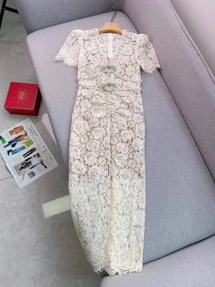 

Crystal Luxury Summer Embroidery Crochet Lace Prom Evening Dress Women Short Sleeve Pencil Party Dresses Long Robe Pearl Bow