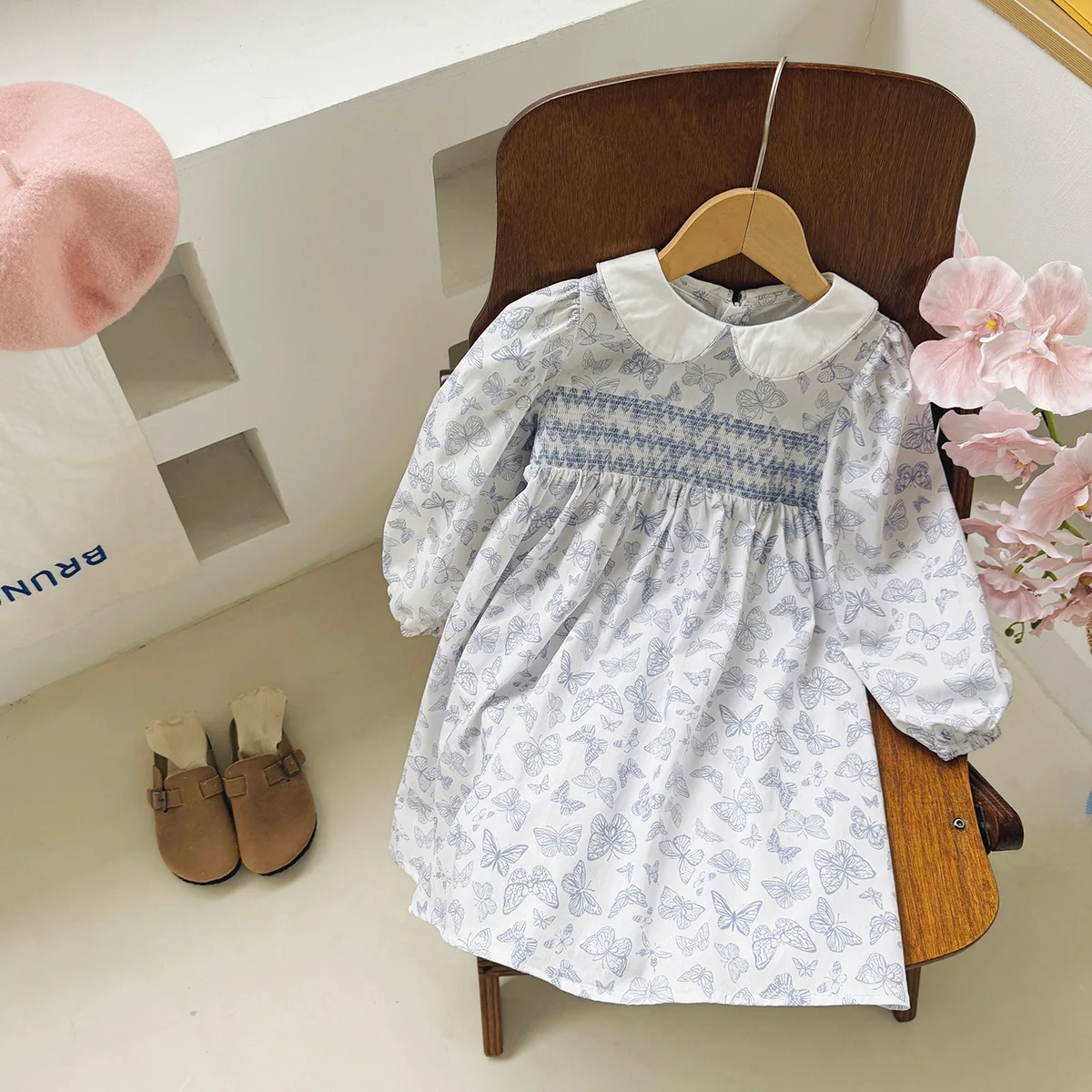 

Korean Autumn Children Girls Dress Peter Pan Collar Butterfly Cartoon Print Infant Baby Girls Dress Long Sleeved Kids Girl Dress