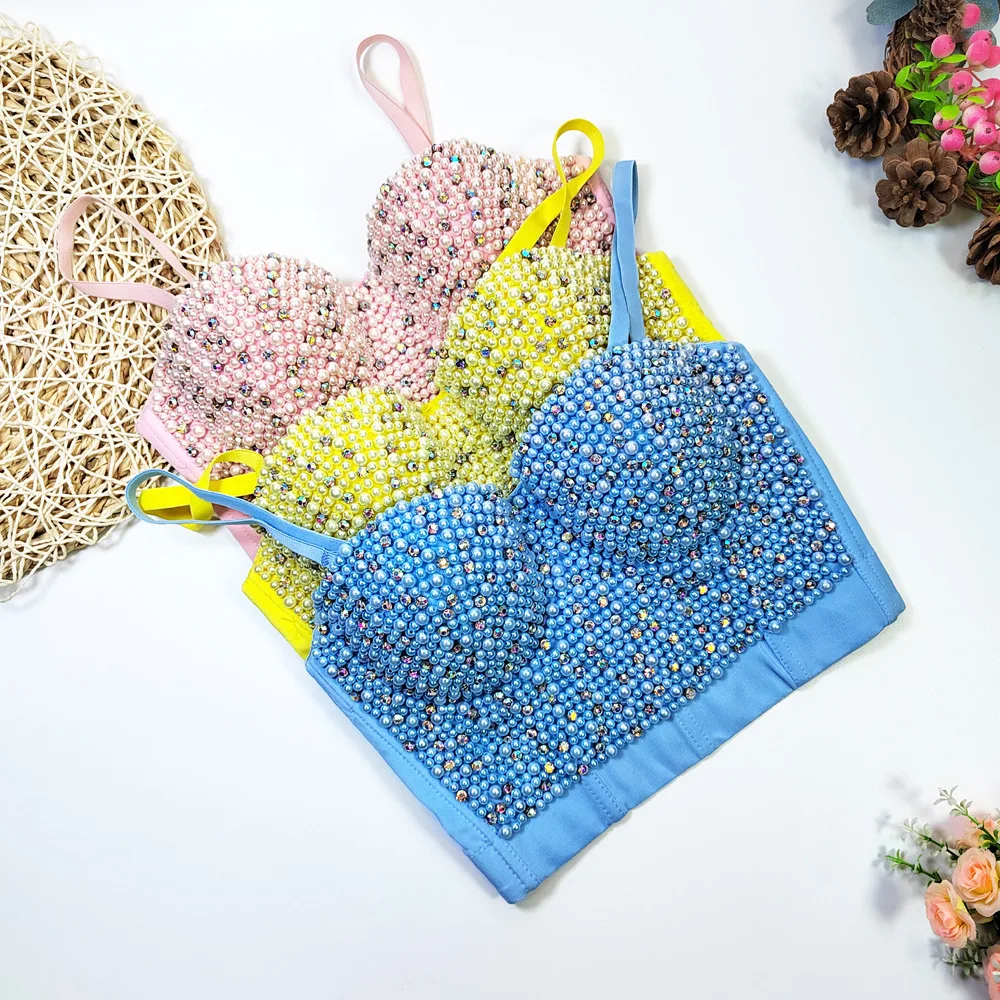 

customized women's adult pearl camisole vest with molded fishbone top nail bead AB color diamond nightclub strapless sexy bra