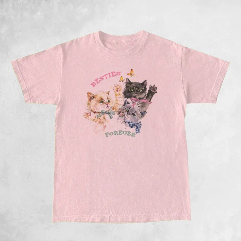 Women Cute Kittens T-shirts Oversized Vintage Aesthetic Cottagecore T Shirts Retro Boho Graphic Tees Female Fashion Tops Clothes