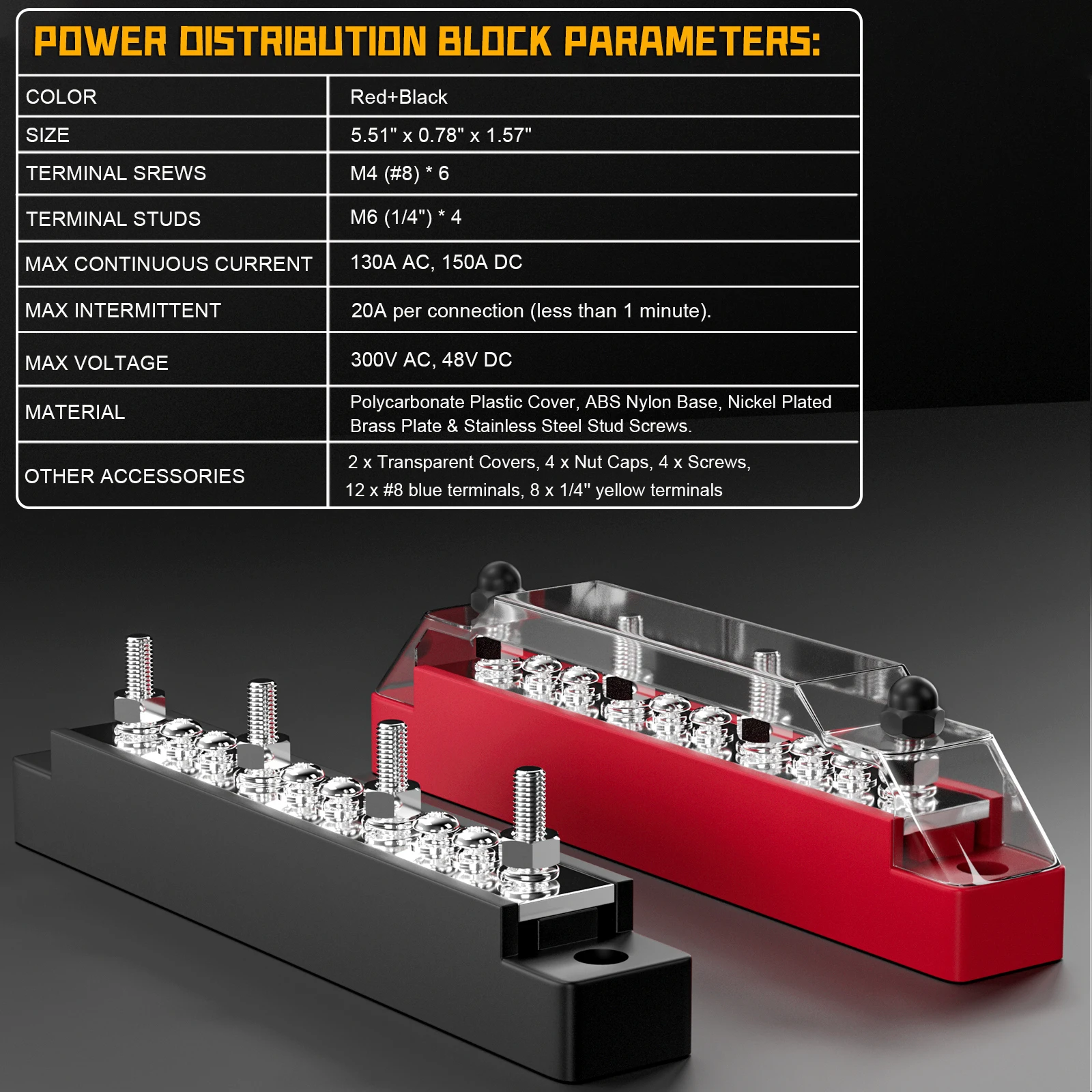 4 Post Power Distribution Block Bus Bar with Terminal Screws&Cover 150 Amp Rating Marine Automotive and Solar Wiring - Set of 2