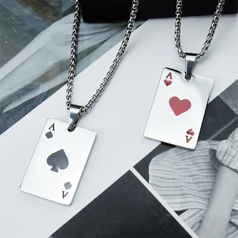 Stainless Steel Poker Card Ace of Spades Pendant Chain Necklace For Women Men Playing Cards Jewelry Hip Hop Jewelry Gift
