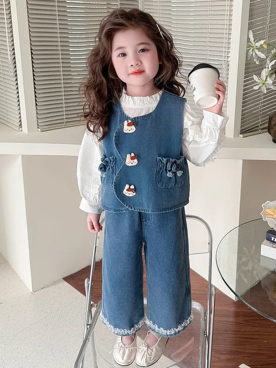 

Girls' Denim Tee-Piece Set Spring Faionable Vest Outfit Baby Trendy Clothes Spring Collection 2026 Breathable Leather