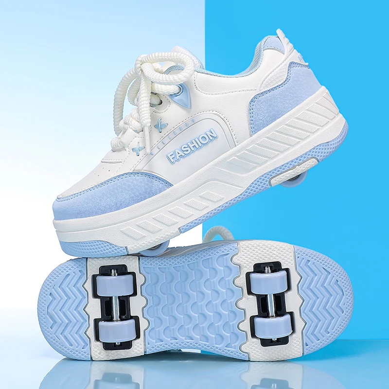 Children Roller Skates Boys Girls Leather Roller Skates Kids Hidden 2Wheels with Multiple Functions Detachable Tide Casual Shoes