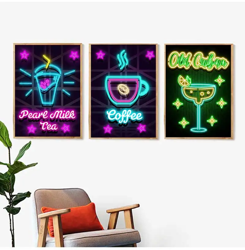 Modern Neon Style Beverage Art Poster Pearl Milk Tea Espresso Martini Cocktail Wall Prints Canvas Painting Home Bar Decor