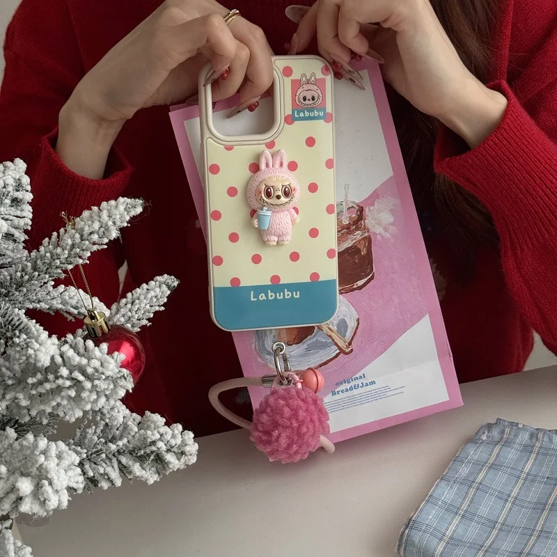 

Korean Cute Labubu Phone Case with Plush Lanyard for IPhone 13 14 15 16 Pro Max Shockproof