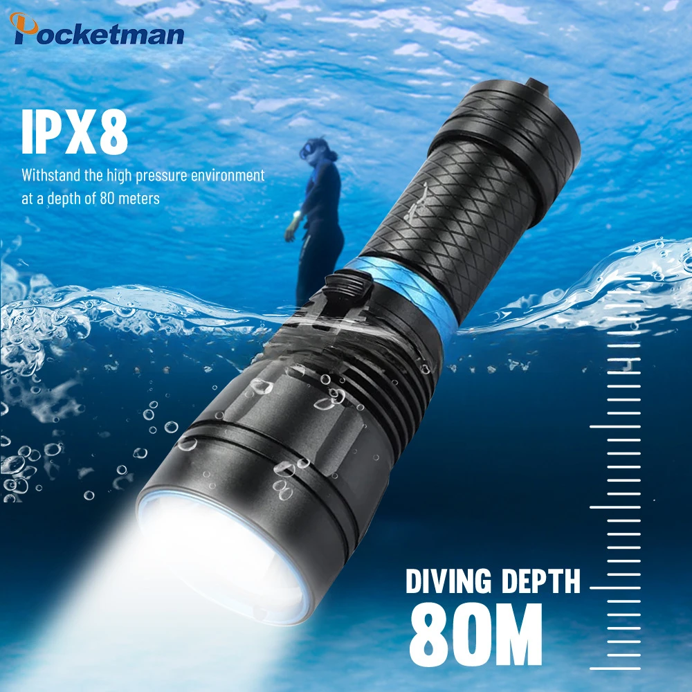 

Deep Water Diving LED Flashlight Light 4000LM Professional Underwater 80M Waterproof P70 Torch Night Caving Explore Fishing