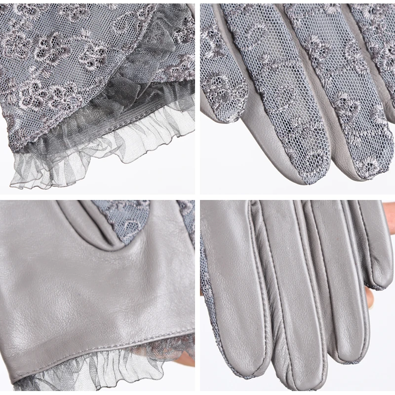 Guantes de encaje de piel de oveja a la moda, seis colores, guantes de cuero para conducir para mujer, guantes de cuero bordados clásicos para