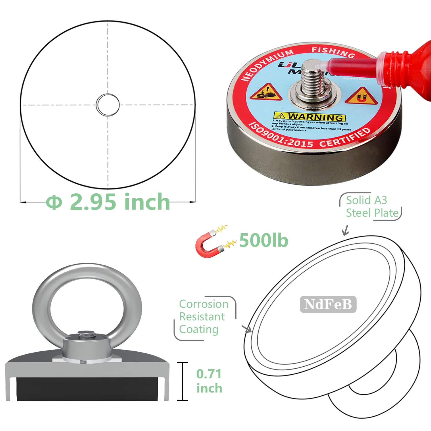 400lbs Strong Fishing Magnet Kit  Rare Earch 20M Rope Underwanter Metal Ring Neodymium Magnetic