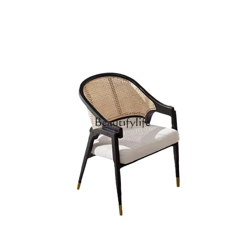 

Nordic retro dining chair solid wood rattan leisure chair cafe restaurant soft bag armchair designer single rattan chair