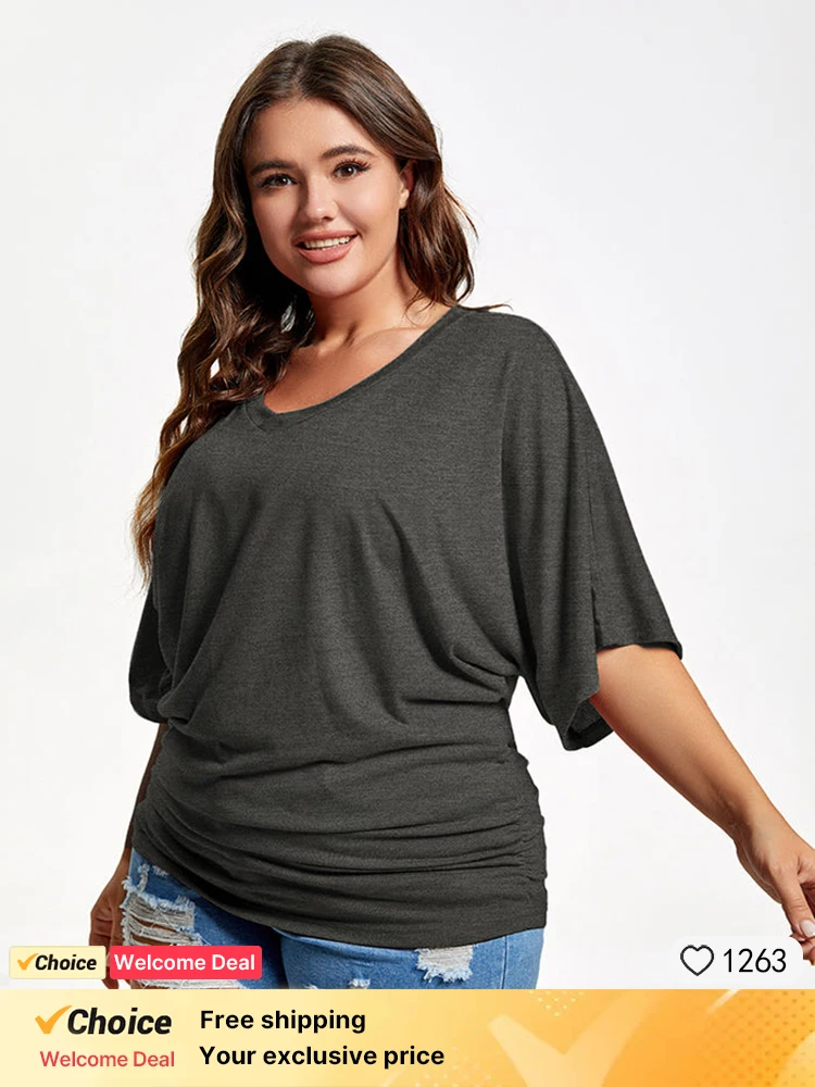 

Plus Sized Clothing Ruched Batwing Sleeve V-Neck Short Sleeve Female Tee Slim Fashion Casual Solid Lady Tshirt Tops