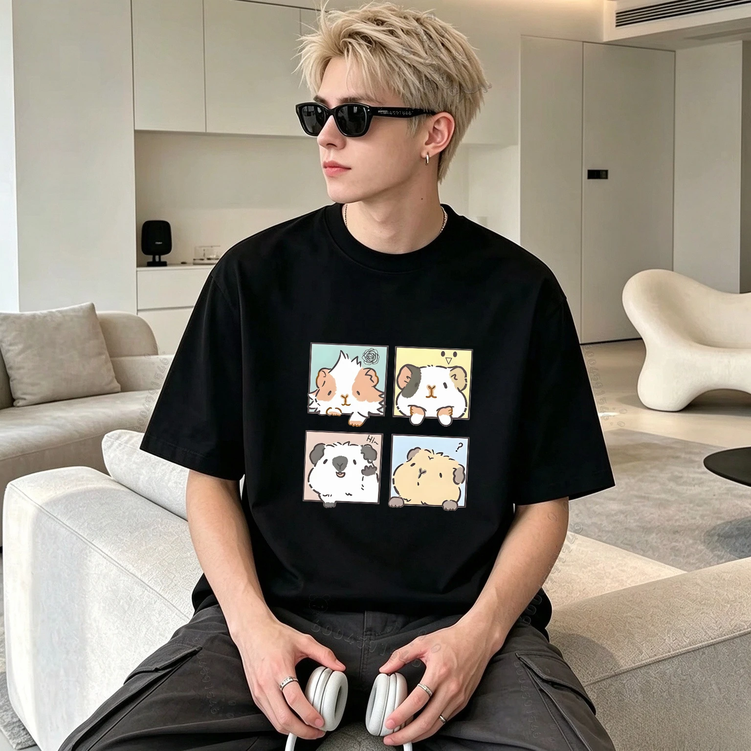 Men's cotton T-shirt,cute hamster four-panel cartoon print summer street casual top,suitable for inner wear in autumn and winter