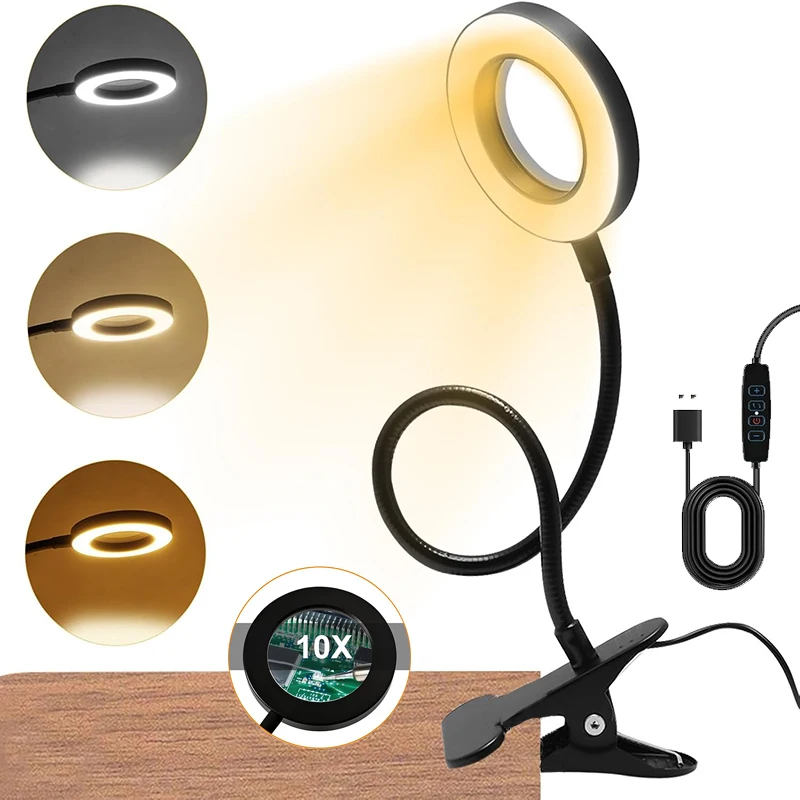 

10X Magnifying Glass Desk Lamp with Metal Clamp 3 Color Modes Flexible Gooseneck Light for Bed Work Crafts DIY Repair