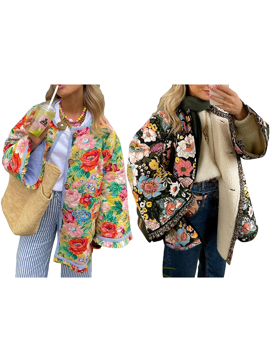 Women\'s Quilted Jacket Floral Print Vintage Button Down Loose Fit Lightweight Puffer Coat Boho Open Front Padded Outerwear