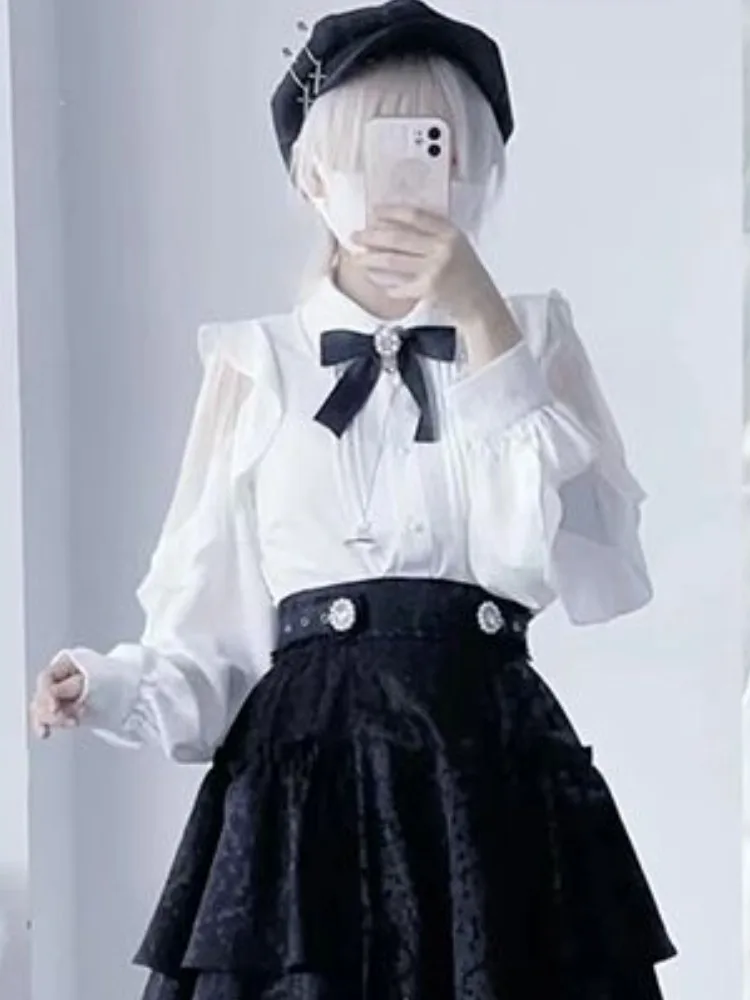 Japanese Y2k Ruffle Shirt 2024 Japanese Kawaii Tops Blouses Fairy Harajuku Pleated Blusas Vintage Lolita Mall Goth Camisas