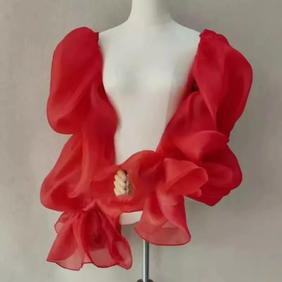 Mingli Tengda Red Organza Long Sleeves Bride Gloves Wedding Covered Arms Accessories Bridal Glove Exaggerate Women Bubble Sleeve