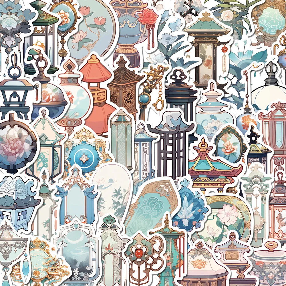 50/10PCS Cartoon Antique Article Sticker Chinese Wind Lantern Elegant Bamboo Screen China-Chic Diary Material Phone Case Sticker