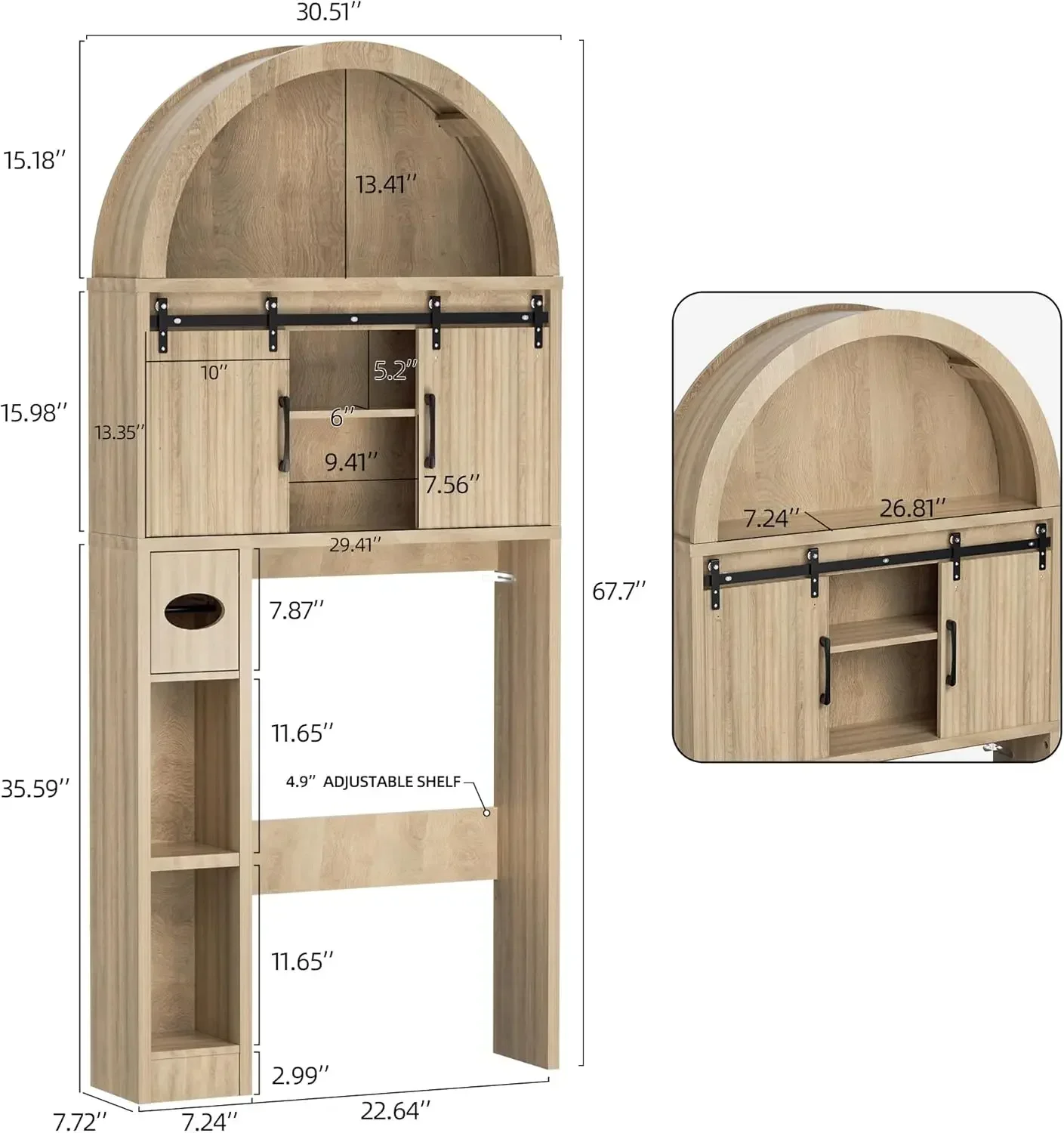 Over The Toilet Storage Cabinet, Freestanding Bathroom Organizer with Sliding Doors and Anti-Tip Device, Arched Cabinet with Doo