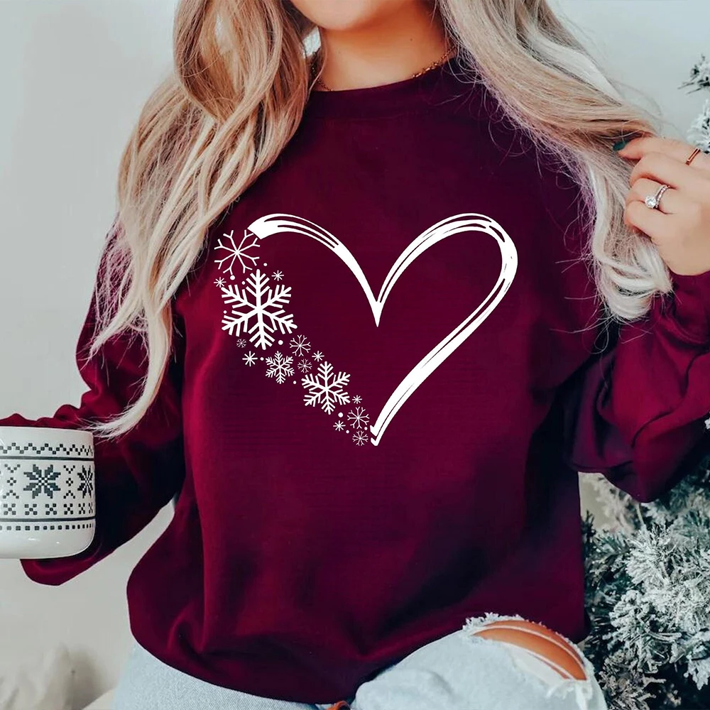 Snowflake Christmas Sweatshirt Women Holiday Snow Flake Heart Unisex Sweater Casual Long Sleeve Fleece Sweatshirt Y2K Streetwear