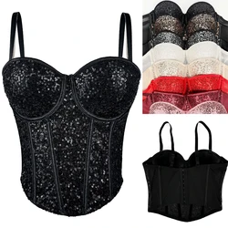 Women Sequin Corset Top Crop Bustier Gothic Bra Push Up Bodice Sexy Lingerie Corselet Spaghetti Strap Party Club Shapewear Top