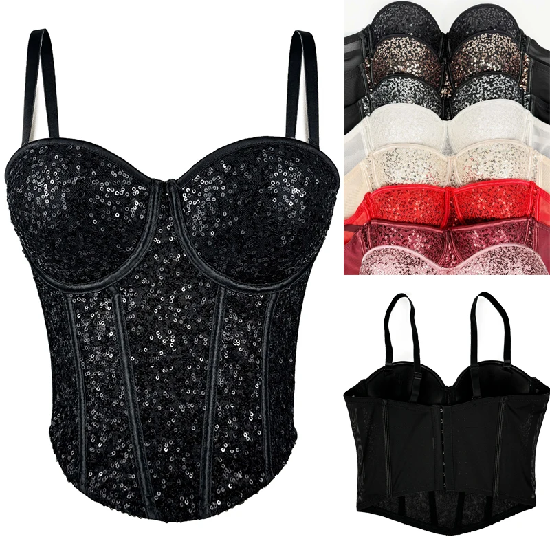 Kobiety Cekinowy Gorset Top Crop Bustier Gothic Bra Push Up Bodice Sexy Lingerie Corselet Spaghetti Strap Party Club Shapewear Top