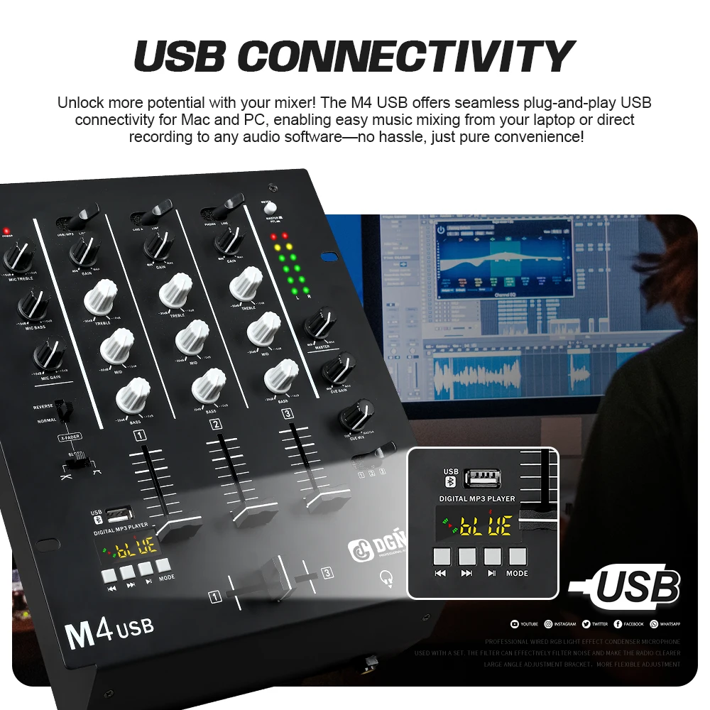 DGNOG M4 USB 3-Channel DJ Scratch Mixer with Built-In Audio Interface 3-Band EQ Microphone Input and Replaceable Crossfader