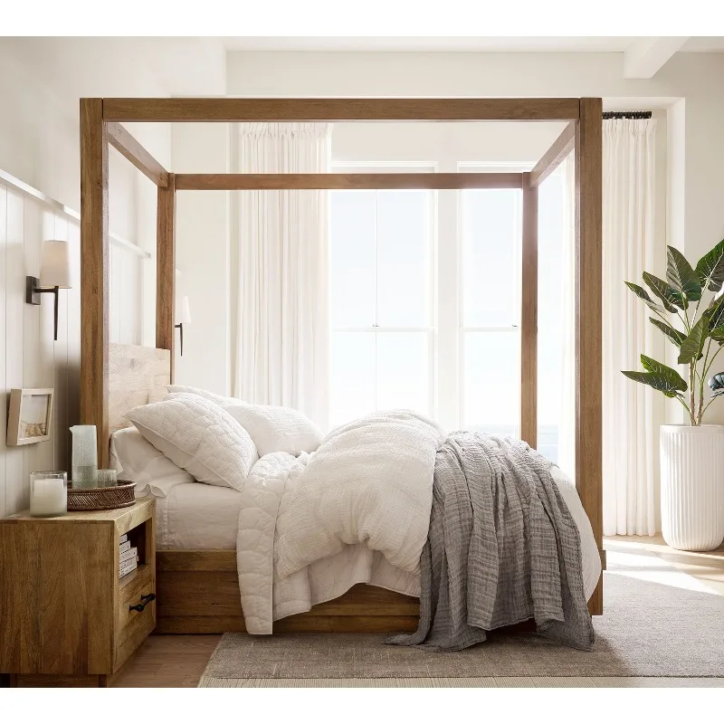 Luxury Designs Bedroom Furniture Canopy Oak Wooden Double Panel Queen King Size Beds Set - view 4