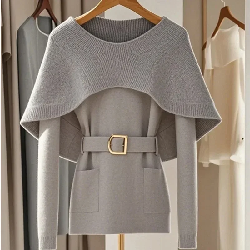 2024 Retro Soft Knitted Sweater For Women Autumn Winter Gray Cape Sweater Elegant Commuting Pullover Top Loose Casual Outerwear