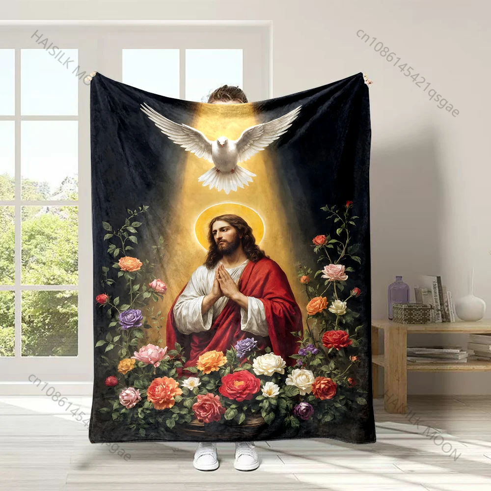 1PC Dove light saint prayer flowers Faith-printed Flannel Blanket Soft and Warm Suitable for Home Travel Picnics Camping RV