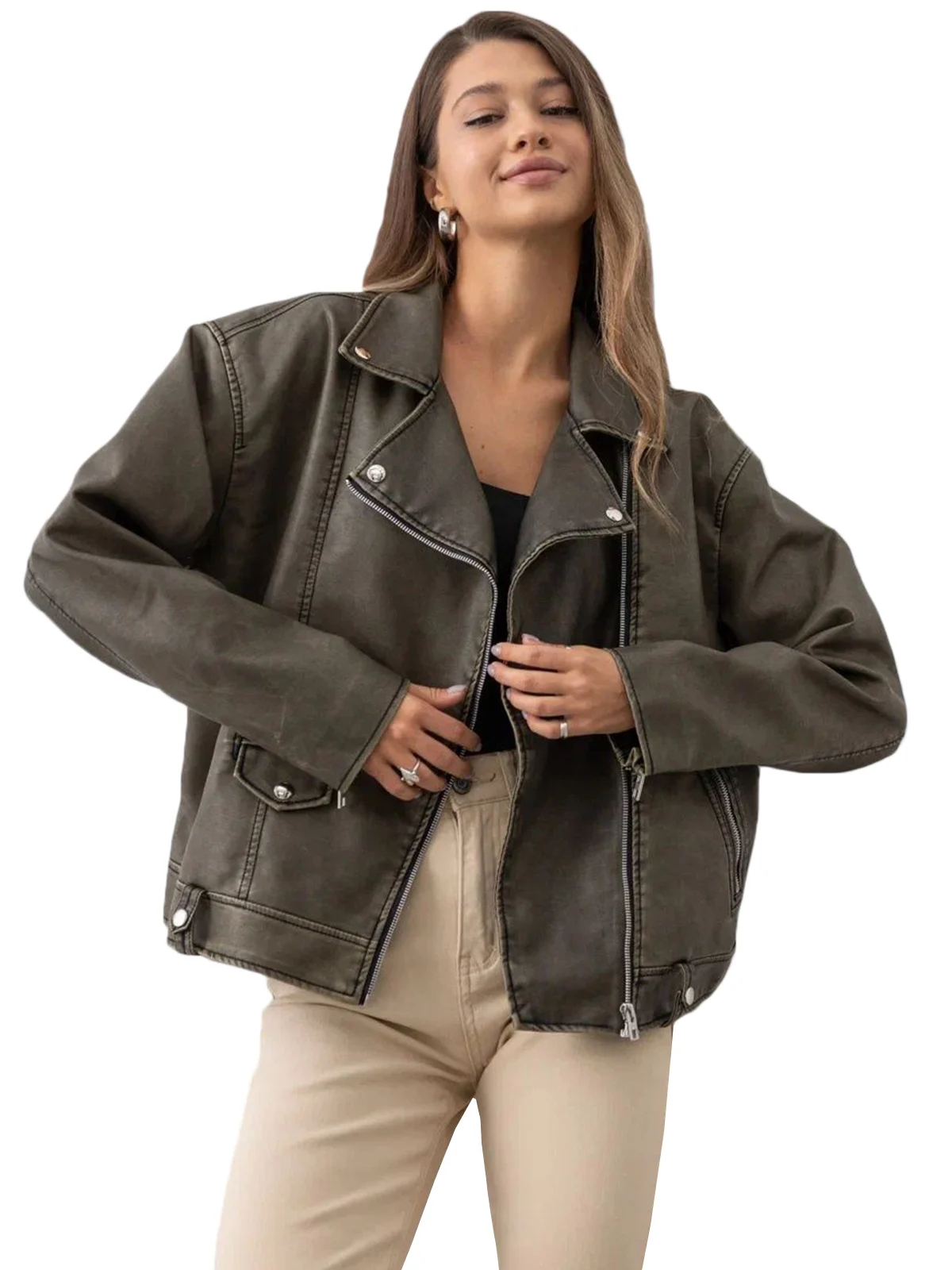 FTLZZ Blouson en Faux Cuir PU Femme, Décontracté, Dame, Revers, Fermeture Éclair, Moto Biker, Vintage High Street