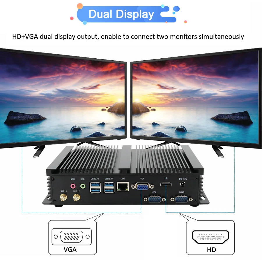 كمبيوتر صناعي بدون مروحة Core i7-8550U 10610U 2x RS232 COM HD VGA شاشة مزدوجة Windows 10 Home Office كمبيوتر صغير سطح المكتب TDP 15W
