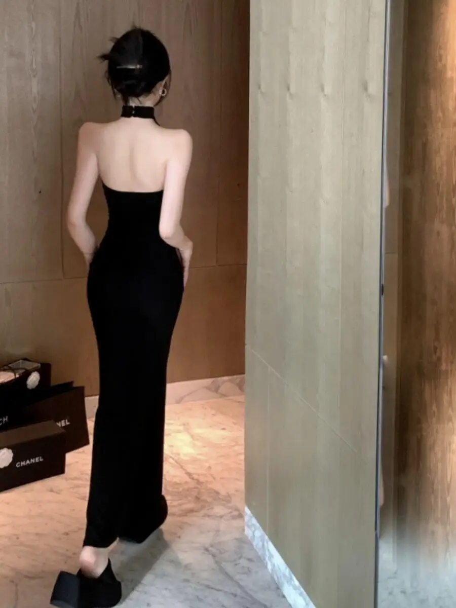 Hebe Little Black Dress Sexy Backless Neck Hanging Strap Dress Women's Summer Slim Fit Long Dress High Waist Cotton Blend