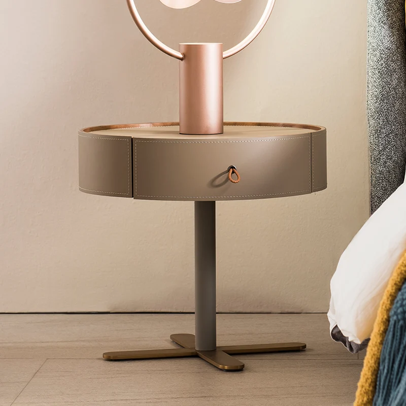 Saddle Leather Bedside Table Modern Minimalist Designer Model Bedroom Light Luxury round Bedside Cabinet