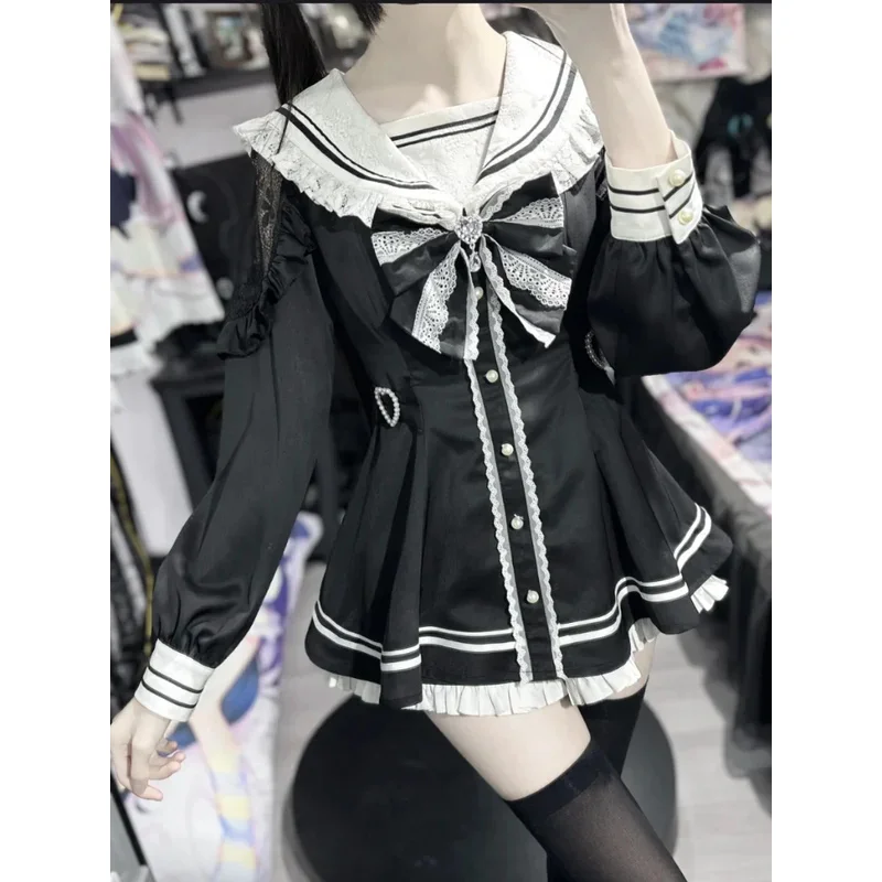 Japonês lolita peter pan colour arco mangas compridas babado vestido de cintura fina + shorts todos os jogos 2 peças conjuntos doce menina y2k ternos;8