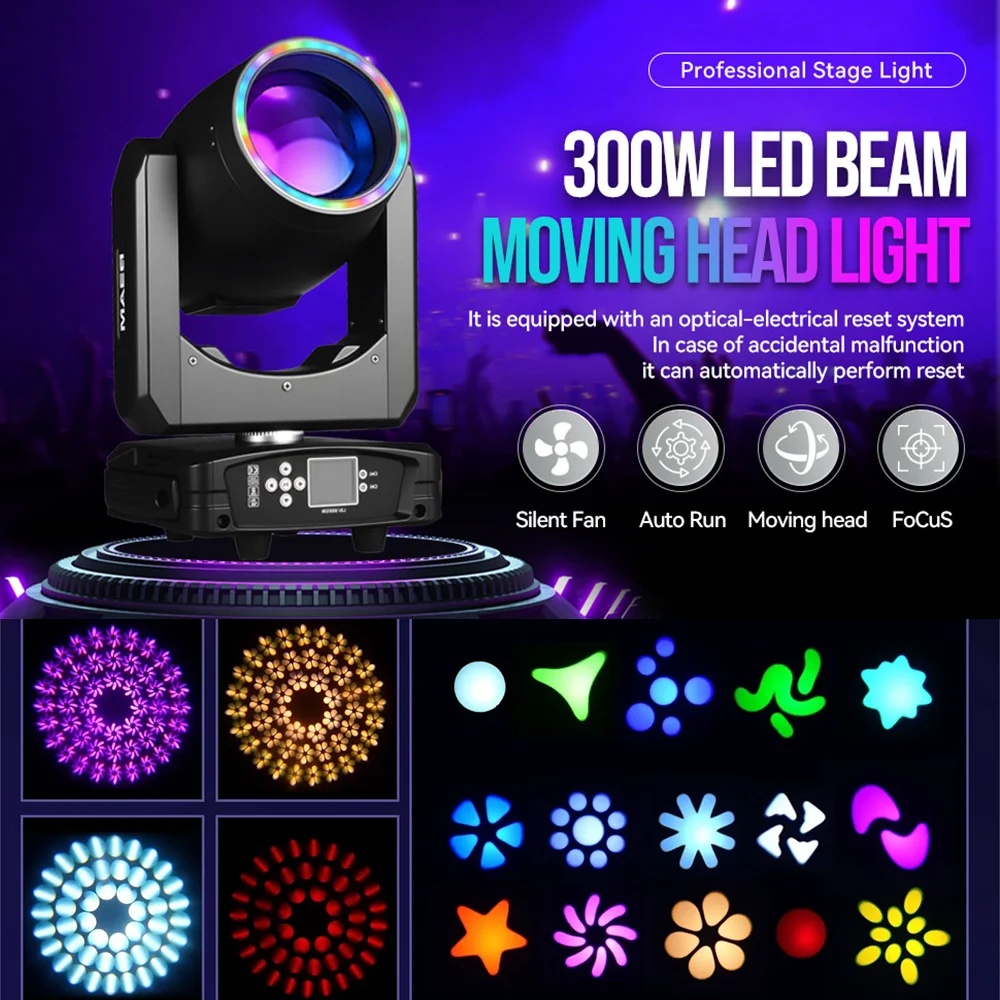 

300W 14R Moving Head Beam Lights With Spot Wash Effect 15 Color&Pattern 48 Prisms Stage Lighting Strobe For Disco Bar Club DJ