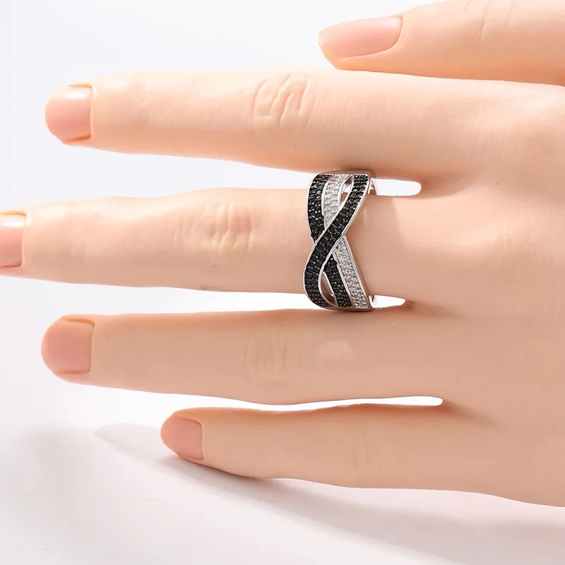 Vintage-Ring für Damen mit eingelegten schwarzen und weißen CZ-Steinen, trendige silberne Farbe, geometrische Form, für den täglichen Gebrauch, Party-Schmuck, Jahrestagsgeschenk – Detail 1
