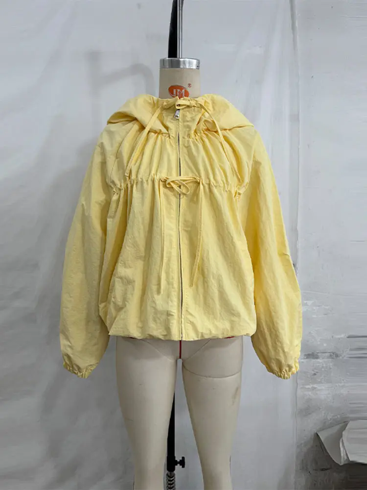 Reißverschluss-Mantel mit langen Ärmeln und Schleifenkappe für Damen, Streetwear mit Laternenärmeln, Schnürung, einfarbig, locker sitzender Mantel, modische Damen-Oberbekleidung, neu – Detail 3