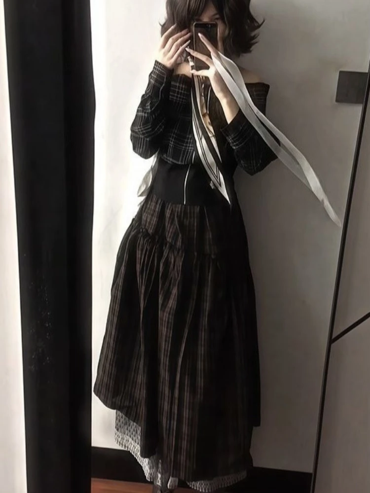 

Японские комплекты из 2 предметов, женская блузка с разрезом на шее в клетку в стиле гранж на молнии + винтажные юбки с рюшами и высокой талией, эстетические наряды Y2k