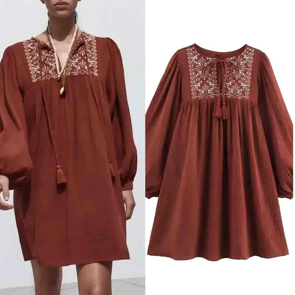 

Women's New fashion tassel lace up decoration loose pleated embroidery mini dress retro long sleeved women's dress