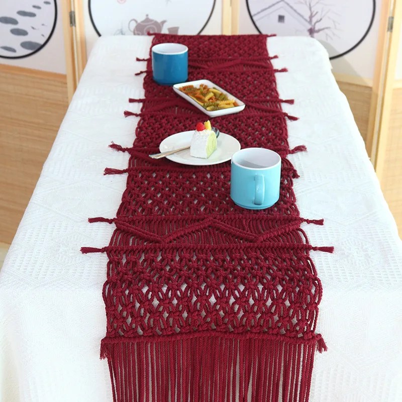 Boho Macrame Table Runner, Fringe Openwork Handwoven Cotton Table Scarf for Dining Table Decor