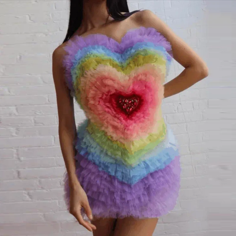 Princess Style Woman Dress Beading Sweetheart Short Rainbow Prom Gowns Ruffle Tierred Party Dresses Colorful Lush Layered Tulle