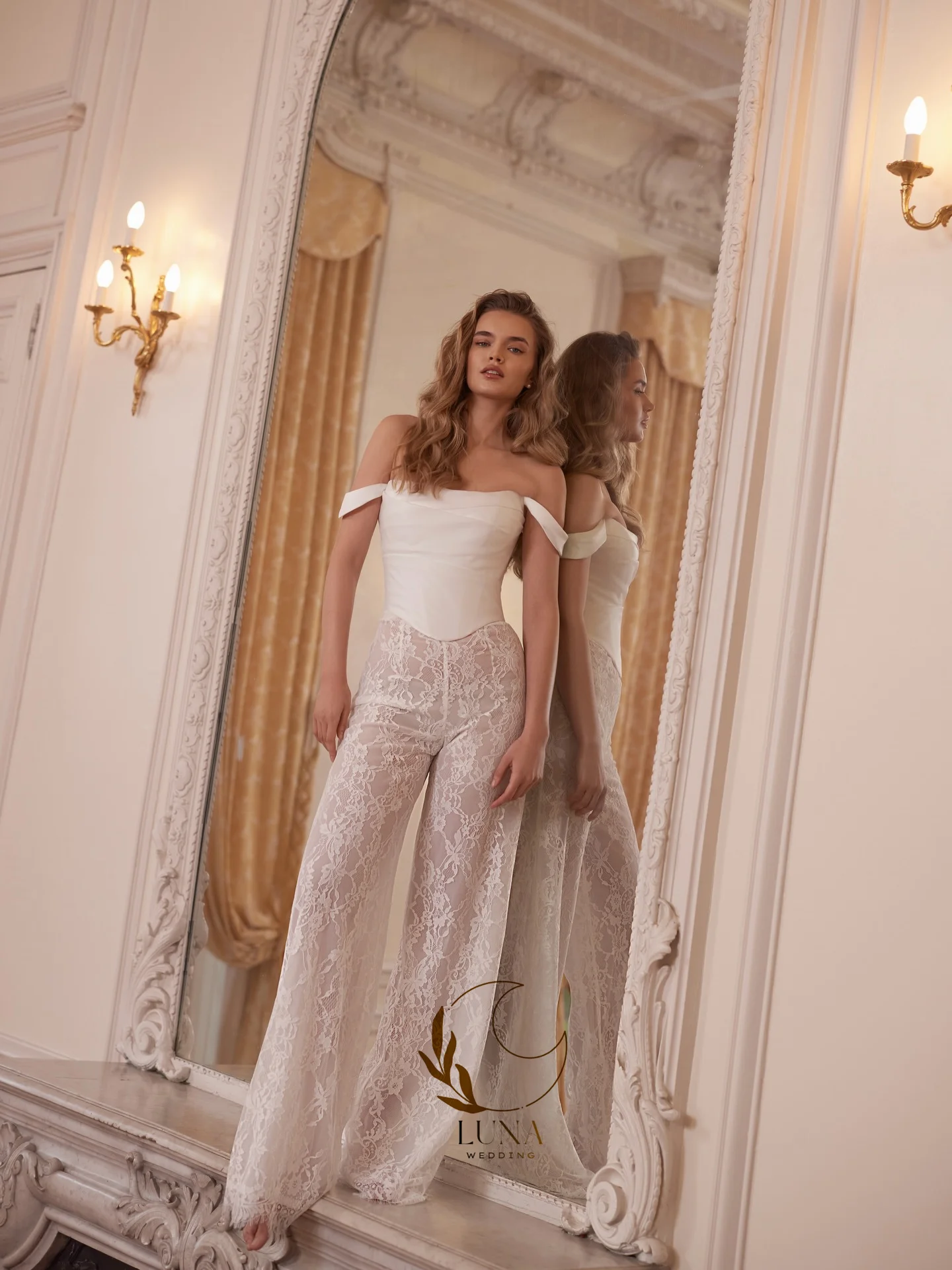 Luna Customized 2in1 Lace Wedding Jumpsuit Bridal Gown Off the Shoulder Bridal Wedding Party Wear Evening Dresses